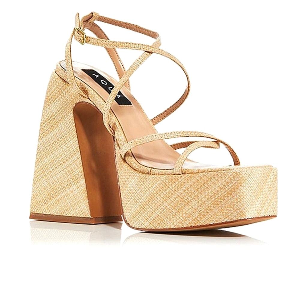 New Bloomingdale's Aqua Chanc Rafia Chunky Platform Strappy Dress Sandal
